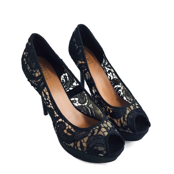 Mix No. 6 Shoes - Mix No6 Black Lace Design Platform Stiletto Heels